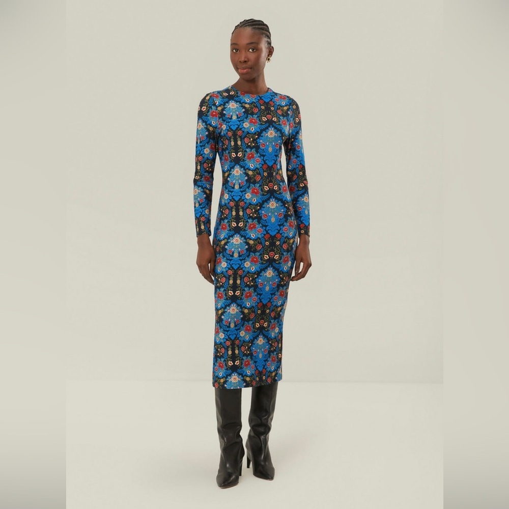 Farm Rio Blue Arabesque Floral Jersey Midi Dress